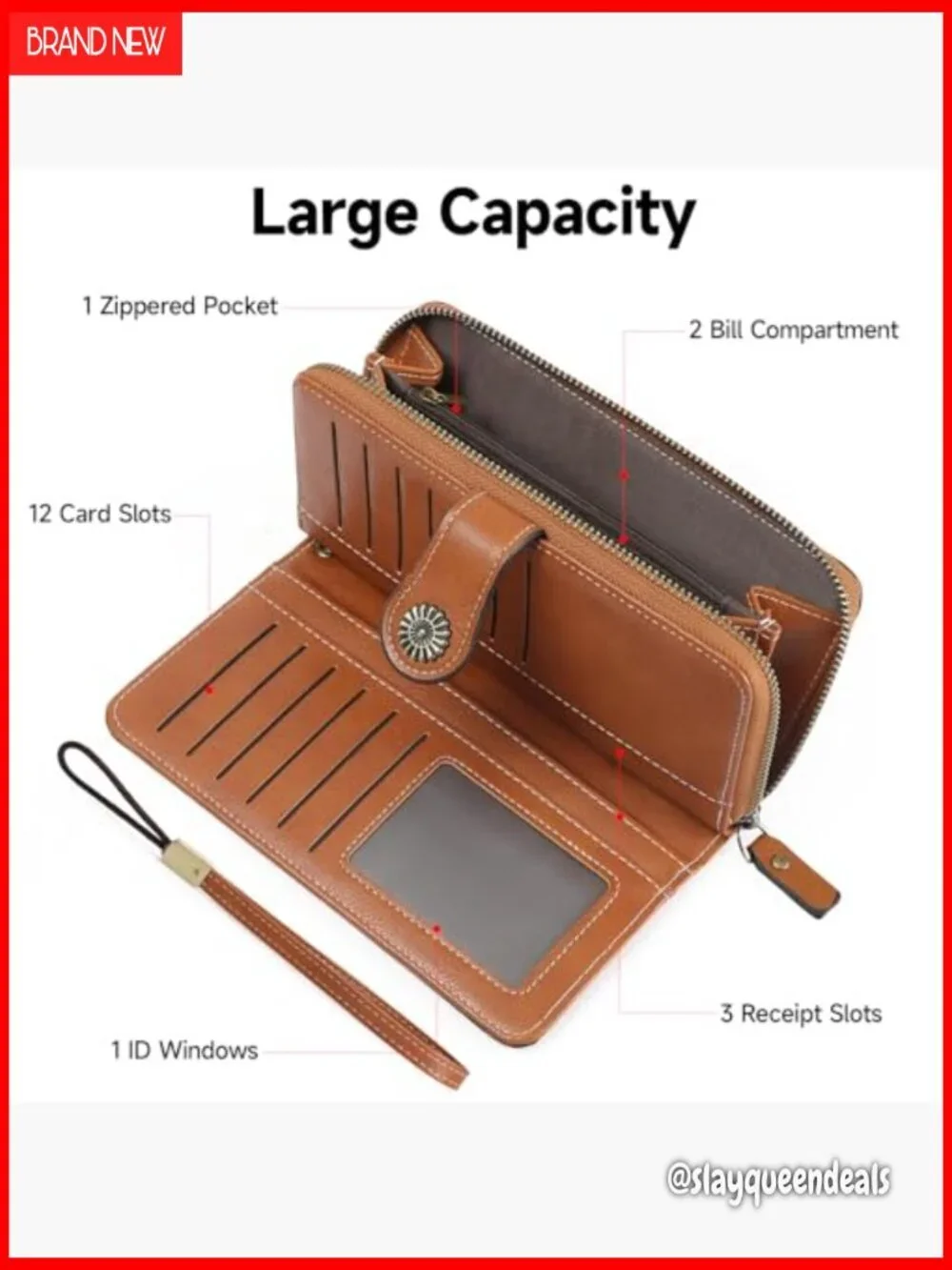 Leather RFID Blocking Bifold Wallet with Wristlet 12 Card Slots